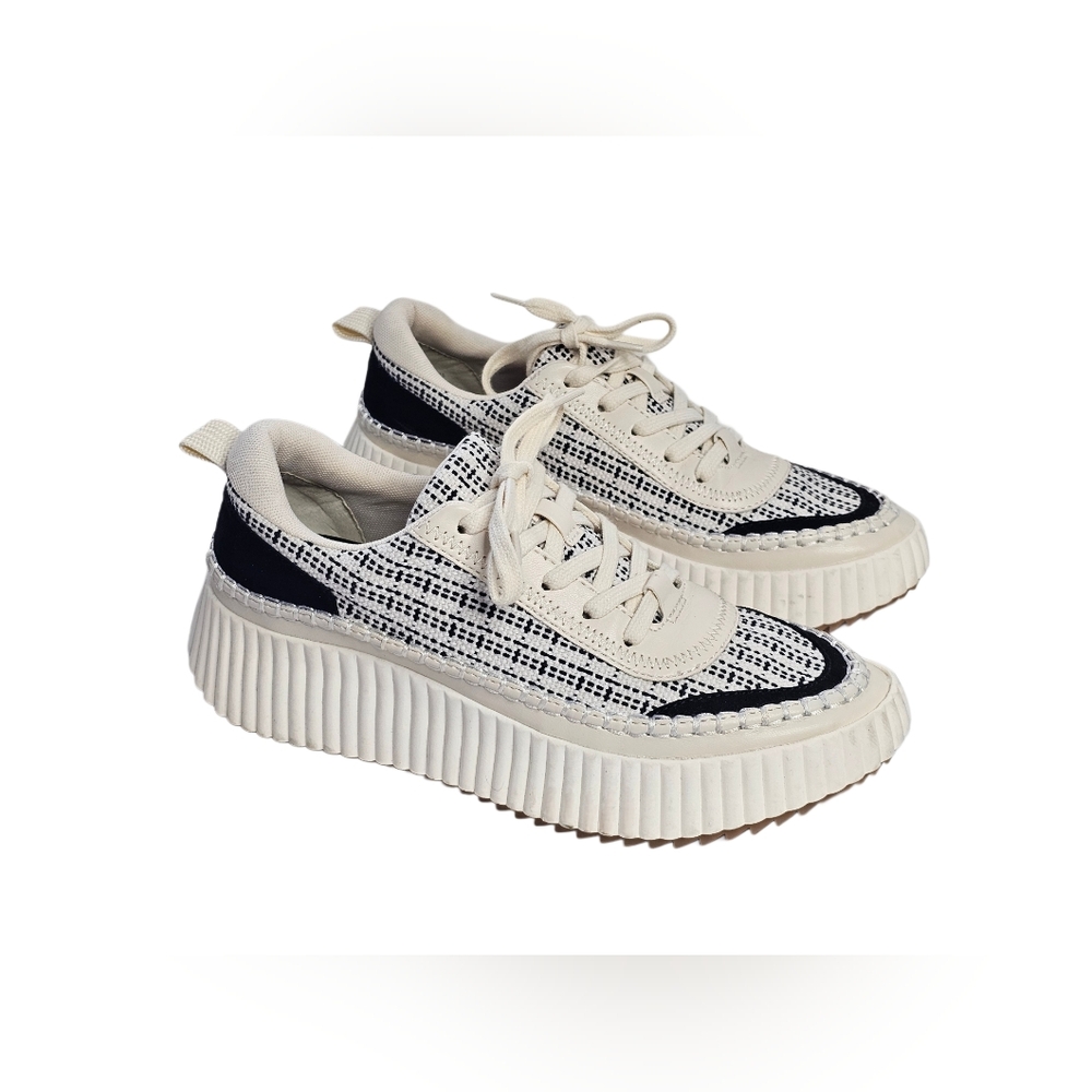 Dolce Vita Dannis Platform Sneakers  Black/Cream Plaid Women 7.5 M Woven Textile